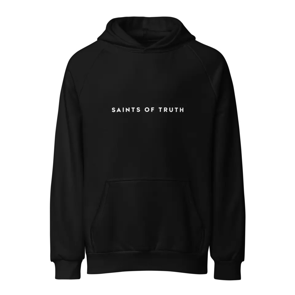 Saints of Truth black super heavyweight hoodie, front view
