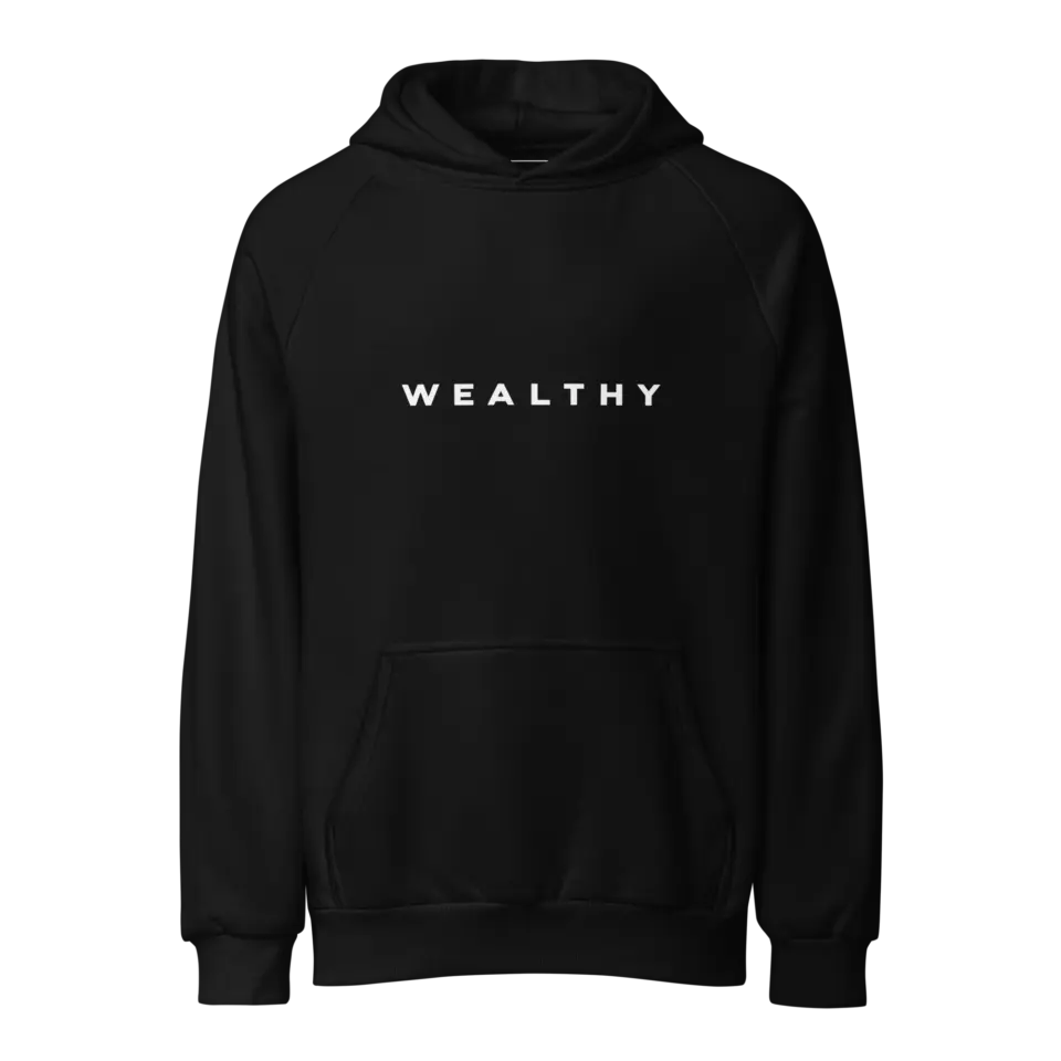 WEALTHY black super heavyweight hoodie, front view